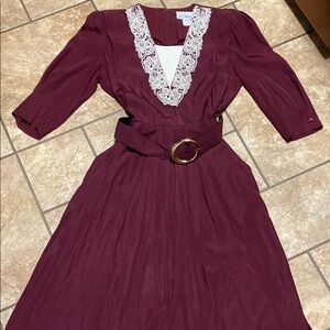 Elegant Vintage Burgundy Dress with Lace Trim by S.L. Petites